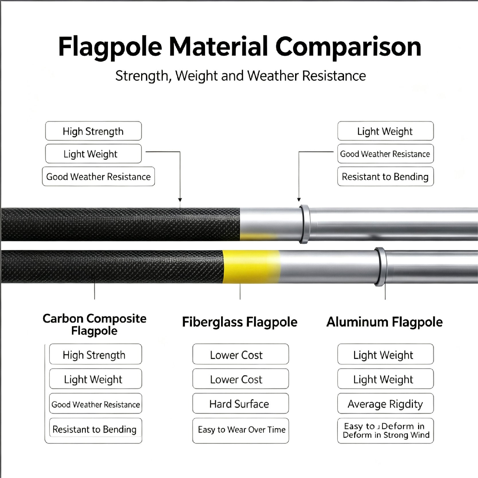 cabon composite vs fiberglass vs aluminum flagpole material comparison
