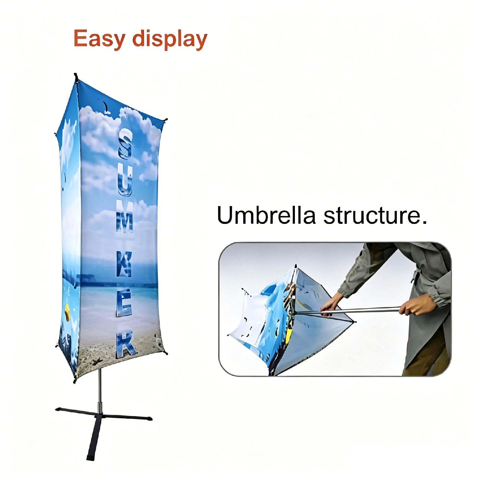 Toblerone banner easy display umbrella structure