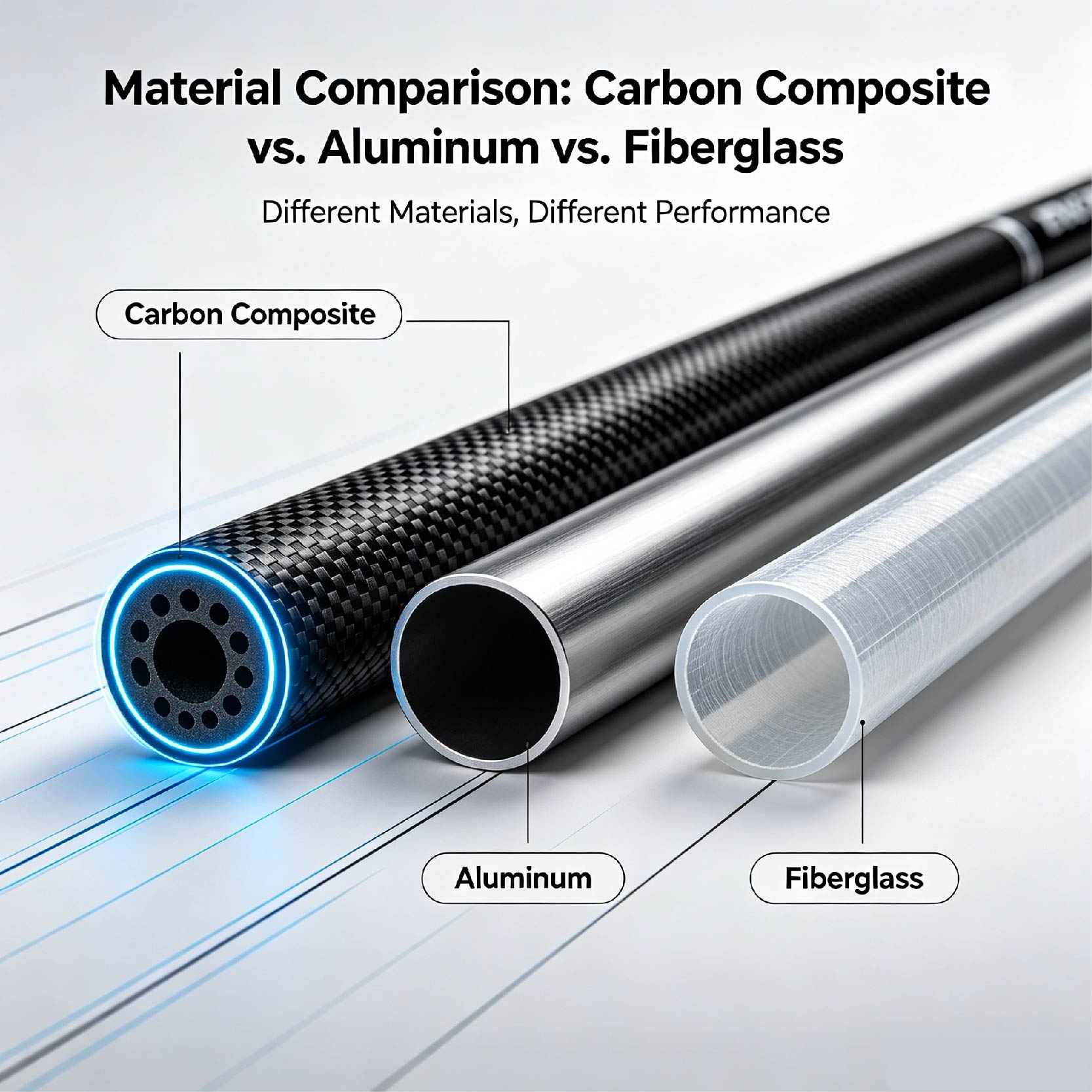 poles material comparison:carbon composite vs.aluminum vs. fiberglass