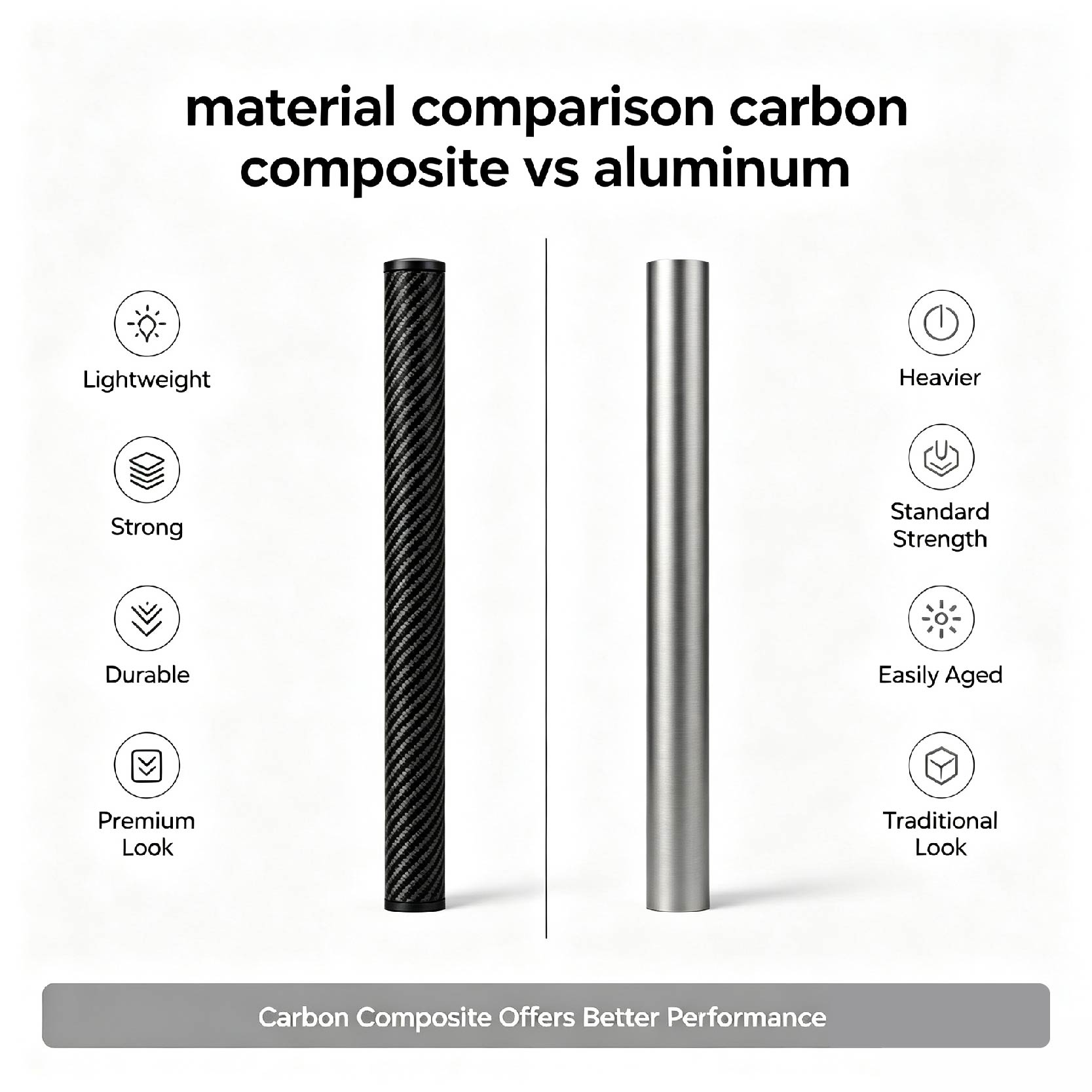 Wzrods material comparison: carbon composite fibre vs aluminum vs fiberglass