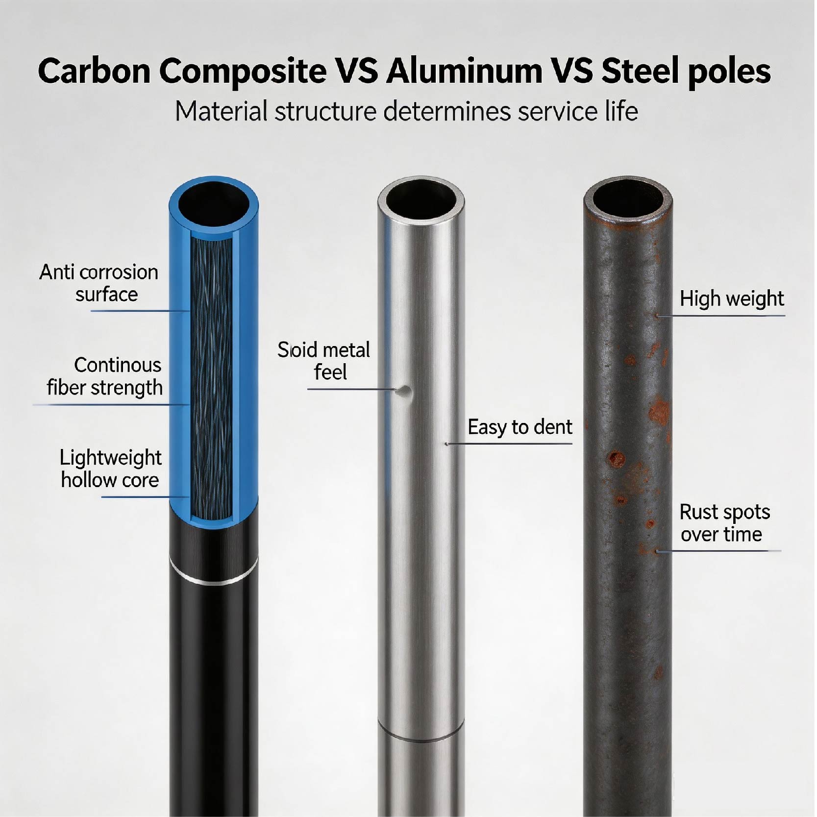 Pole Material Comparison: Carbon Composite vs. Aluminum & Steel