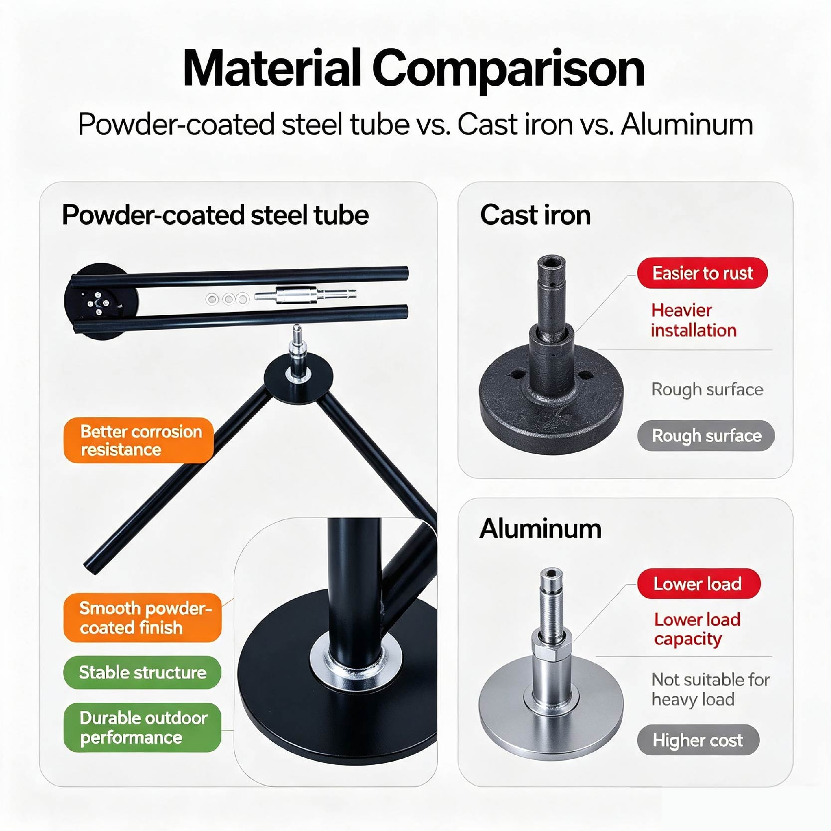 Materal ComparisonPower-coated steel tube vs. Cast iron vs. Aluminum
