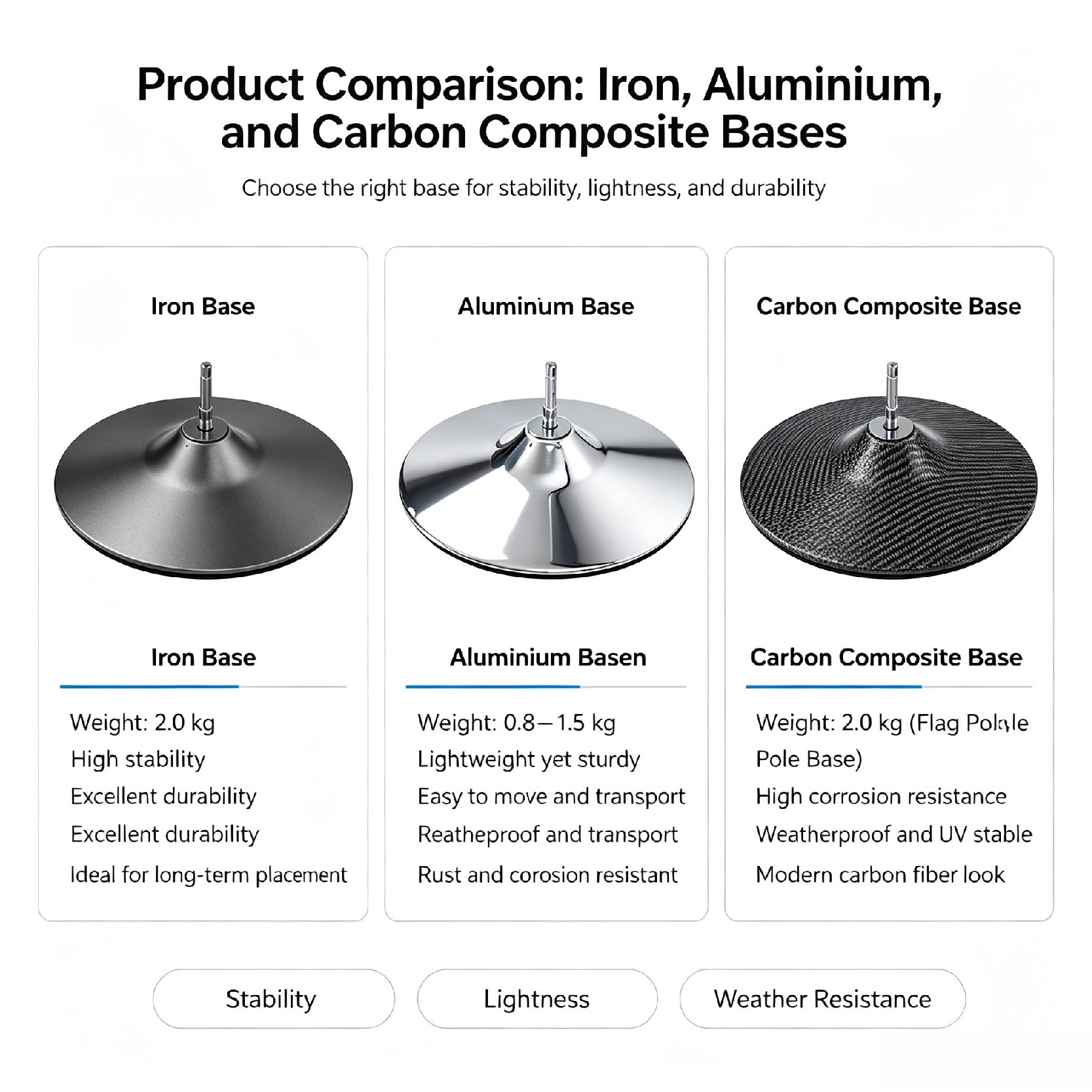 WZRODS Product Comparison Iron, Aluminium, and Carbon Composite Bases